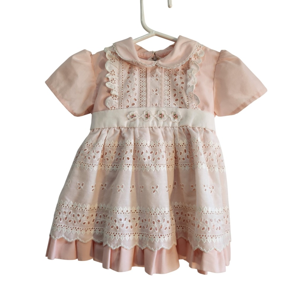 Vintage Pink Apron Eyelet Lace Dress Peter Pan Collar Floral Embroidery 2T - Picture 3 of 6